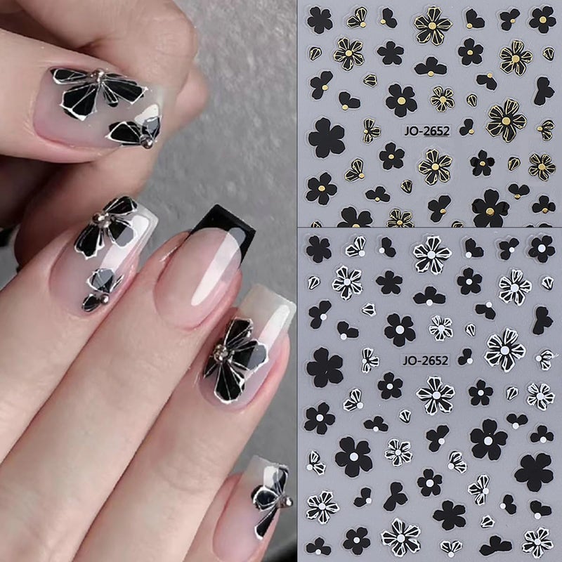 OSTTMA 6 Sheets Black White Flower Nail Art Stickers Decals, 3D Self-Adhesive Floral Nail Decorations, DIY Manicure Decor Accessories - Image 3
